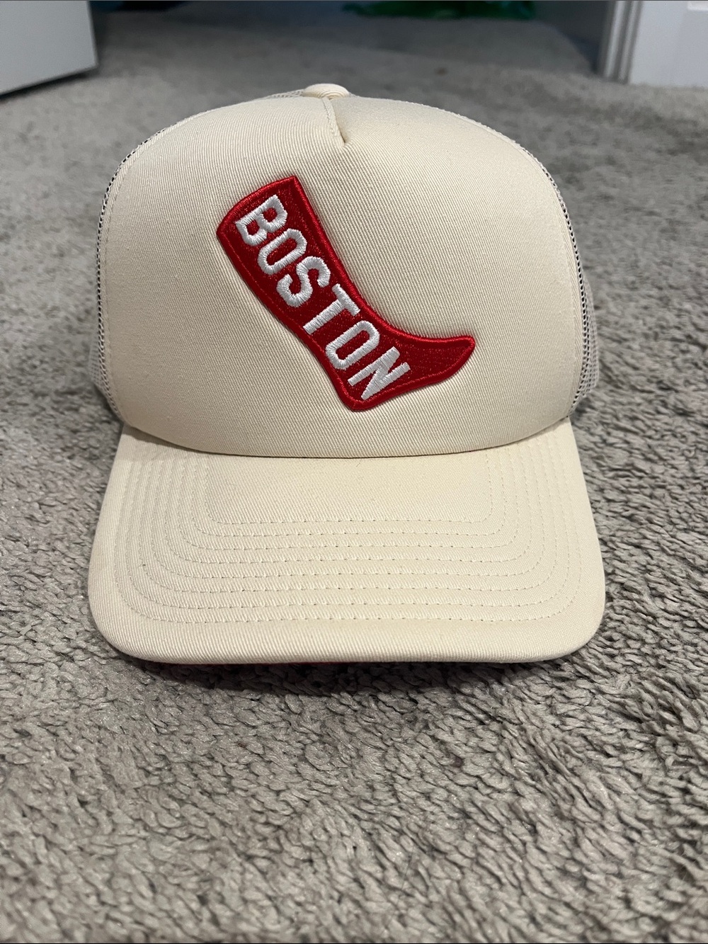 Boston Patch Trucker Cap - Cream with Red Accent